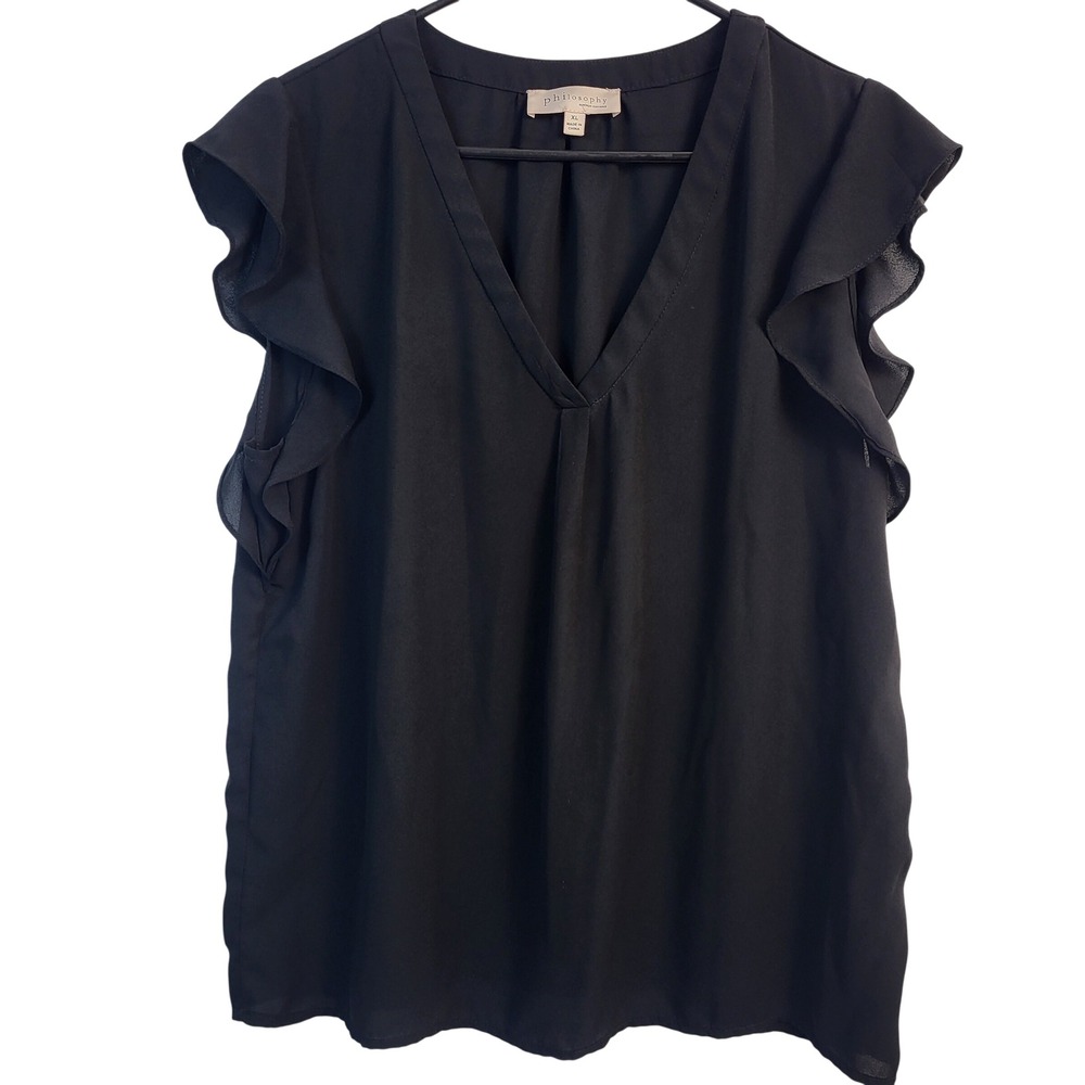 Philosophy Republic Clothing Black‎ Ruffle Flutter Sleeve V-Neck Blouse XL